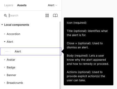 Component listed in the assets panel